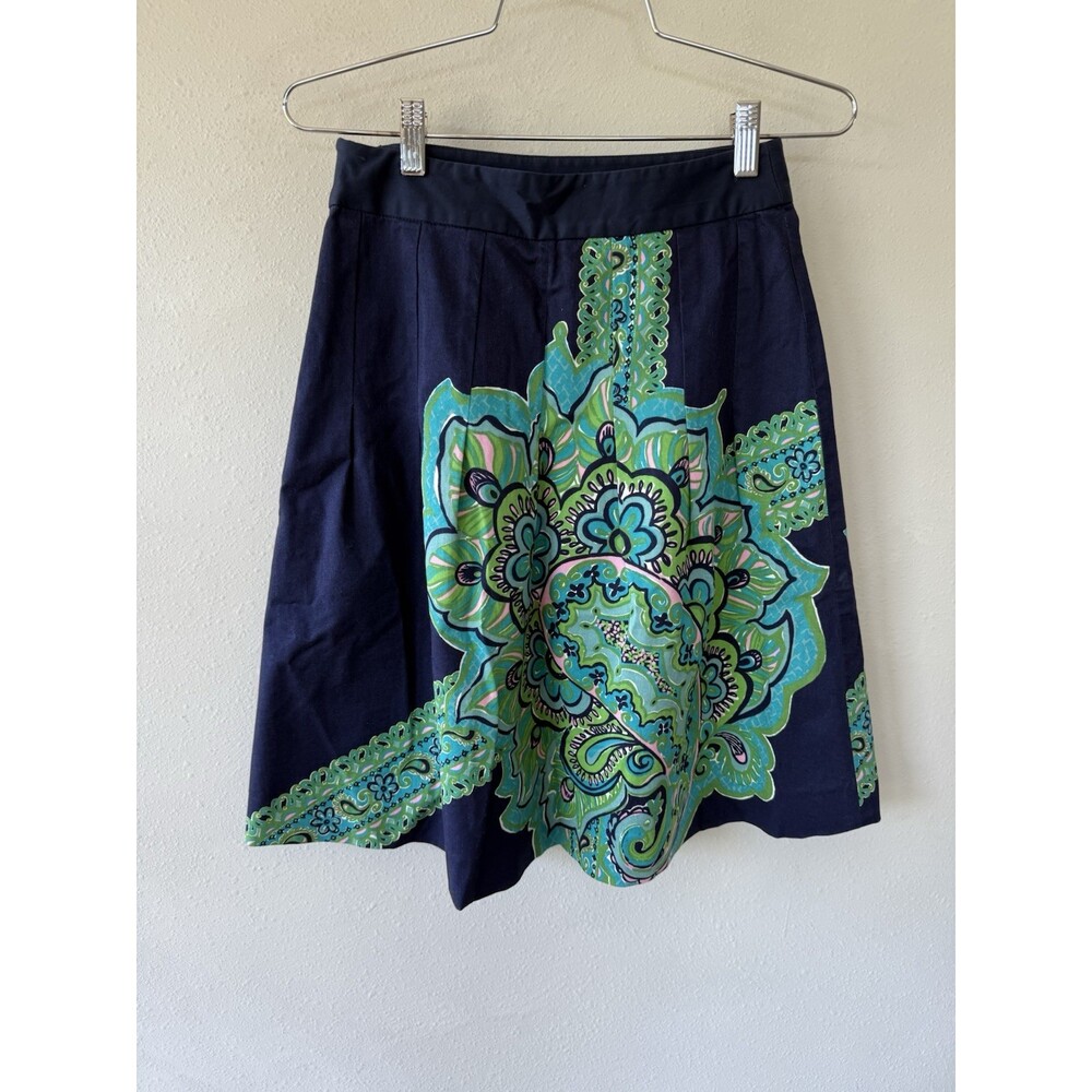 Lilly Pulitzer Women’s 2 Floral Skirt Navy Blue White A-line Knee Length Summer